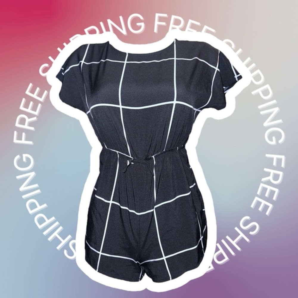 [FREE SHIPPING] SHEIN Girls Batwing Sleeve Slit Back Grid Romper